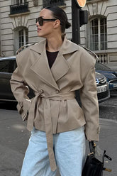 Trench-coat kaki à revers et ceinture, coupe slim, manches longues