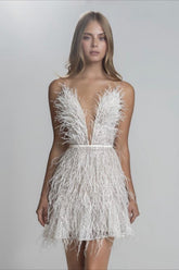 Backless Plunge Feathered Party Slip Dress