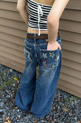 Jean oversize délavé à jambes larges brodé d'étoiles
