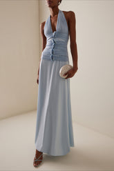 Elegant Blue Halter Deep V Backless Slit 3D Floral Party Dress