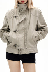 Washed Toggle Front High Collar Utility Jacket