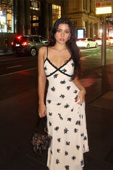 Sleeveless V Neck Lace Panel Long Fitted Floral Dress