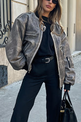 Washed Faux Leather Bomber Jacket