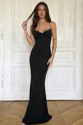 Solid Cutout Back Bow Lace V Neck Slip Dress