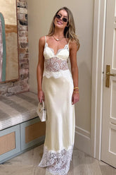 Deep V-Neck Sheer Backless Lace Panel Maxi Dress