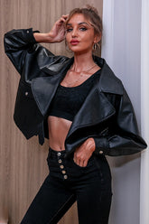 Veste courte noire à col en similicuir ample