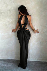 Cutout Halter Ruched Fitted Maxi Party Dress
