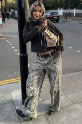 Jean droit ample haut de gamme à imprimé léopard