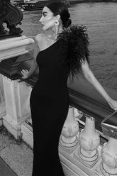 Robe de soirée maxi slim unie à une épaule et empiècement en plumes