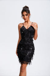Robe de soirée sans manches à sequins, pompons et strass, col en V, de marque