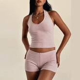Ensemble deux pièces pantalon rose à volants en coton et lin