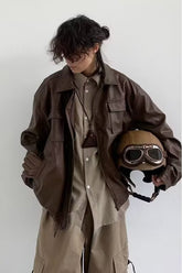 Veste de moto rétro marron mat en PU