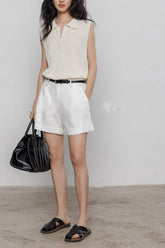 White Linen Cuffed Loose Fit Shorts Pants
