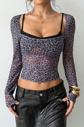 Blouse deux pièces slim à manches longues, imprimé léopard