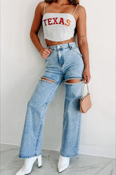 Jean droit taille haute délavé à chaîne déchirée