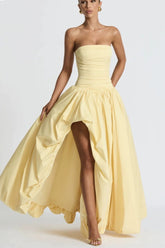 Robe de soirée jaune bustier asymétrique à nouer
