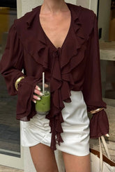 Ruffle Trim Tie Neck Blouse