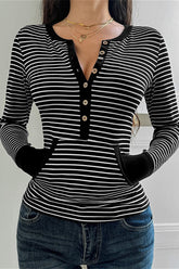 Striped Henley Neck Waist Tie T Shirt