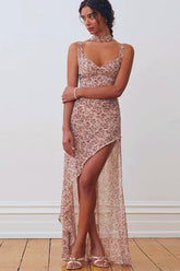 Backless Slit Tie Strap Floral Dress