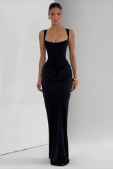 Solid Square Neck Ruched Panel Bodycon Party Dress
