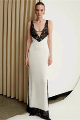 Robe de soirée sans manches à bretelles en dentelle et col en V