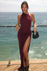 Sexy Halter Slit Tie Backless Ruched Bodycon Party Dress