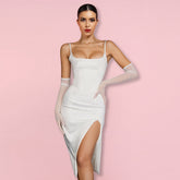 Robe moulante midi fendue sans manches à bretelles HI1267