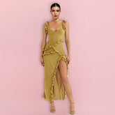 Robe moulante maxi à bretelles et sans manches à volants HI1328