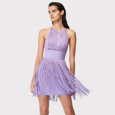 Robe bandage mini à col rond sans manches et à franges HL6259