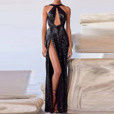 Robe moulante maxi sans manches à col rond et découpes HT2694