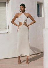 Robe maxi dos nu à col montant et nœud papillon découpé