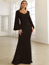 Robe de soirée élégante à sequins, manches longues, décolleté en V profond et coupe ajustée