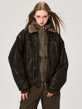 Veste en cuir PU avec col en laine d'agneau