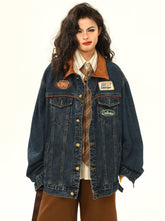 Veste en jean à écusson de course et col en velours côtelé