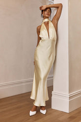 Plunging Halter Scarf Open Back Cocktail Dress