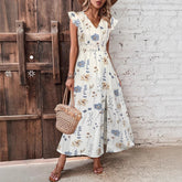 Robe imprimée fendue taille haute à col en V par The Ear