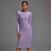 Robe bandage midi rayée à manches longues et col rond