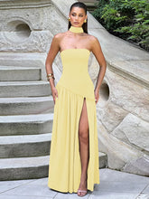 Robe longue bustier sans bretelles à fente dos nu et ruban