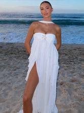 Robe midi à volants et franges en tulle, épaules dénudées
