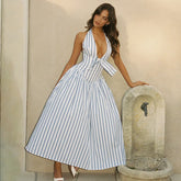 Robe de bal longue dos nu rayée à nœuds