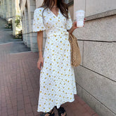 Robe midi fendue à col V fleuri
