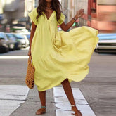 Robe bohème ample en coton et lin, col V, coupe oversize