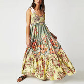 Robe bohème sans manches à bretelles froncées et imprimé floral, style bohème