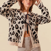 Cardigan en maille à lacets et nœud contrastant léopard