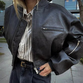 Manteau court rétro en coton PU et fermeture éclair