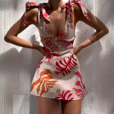 Robe mini à imprimé feuilles et bretelles nœud