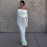 Robe midi à épaules dénudées en maille ajourée