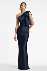 Robe de bal sirène élégante, longue et bleu marine foncé, avec nœud.