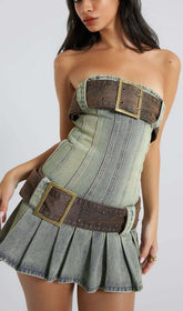 Robe mini bustier bleue à boucle