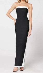 Robe longue bandage sans bretelles fendue